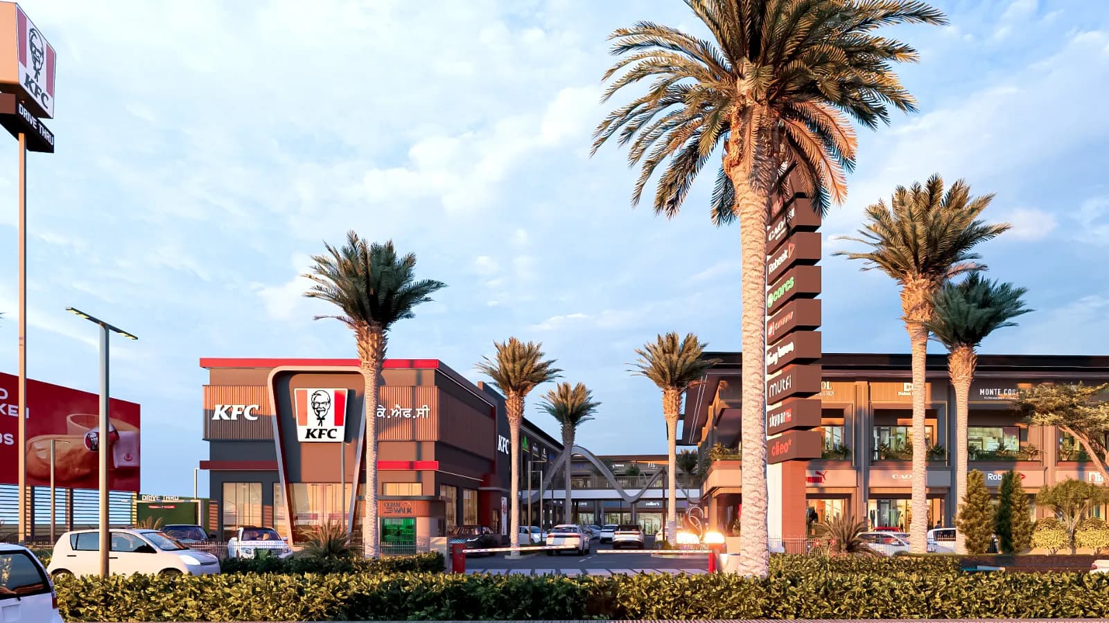 Modern commercial plaza with illuminated storefronts and pedestrian-friendly frontage.