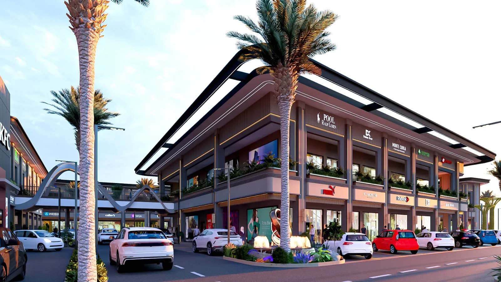 Luxury gated township avenue lined with upscale villas and landscaped streets.